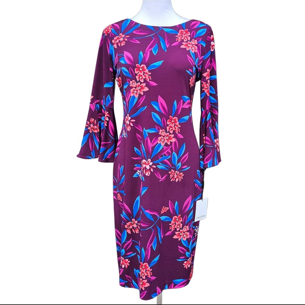 Calvin Klein Size 6 Dress Stretch 3/4 Flare Bell Sleeve CK New Purple Floral